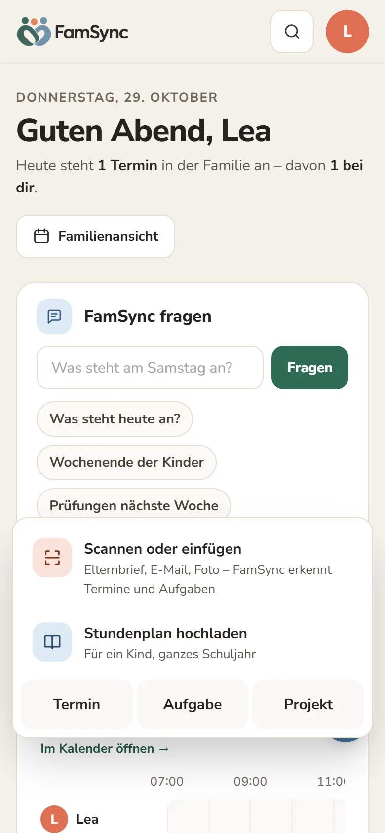 Erfassen-Menü auf dem Handy mit Scannen, Stundenplan, Termin, Aufgabe und Projekt