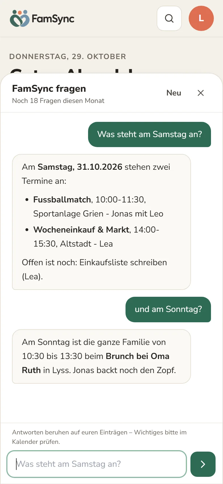 Fenster FamSync fragen auf dem Handy mit Fragen zum Wochenende