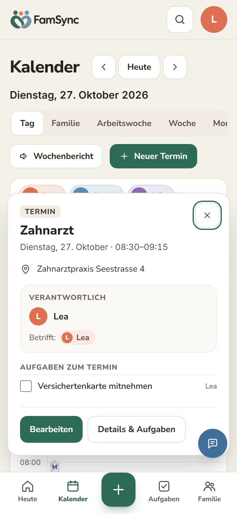 Termin-Detail auf dem Handy mit Verantwortlicher Person und Aufgaben zum Termin