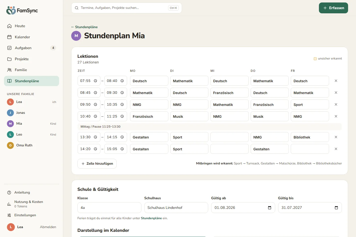 Erkannter Stundenplan mit Lektionen und automatisch erkannten Mitbringseln